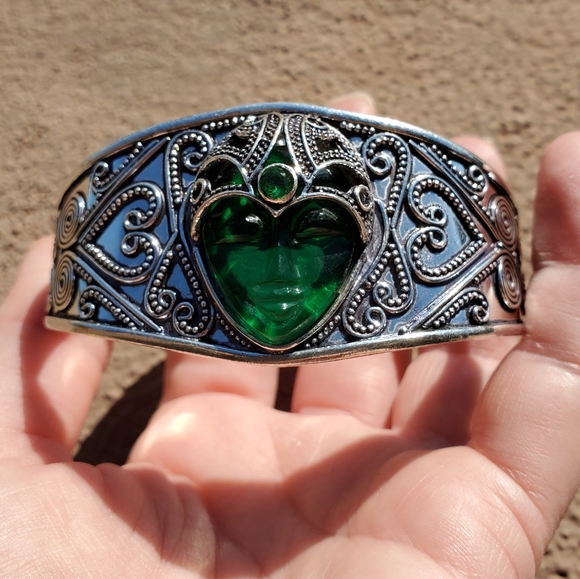 New Carved Goddess Face Green Quartz 925 Silver Cuff Bracelet. - Picture 5 of 16